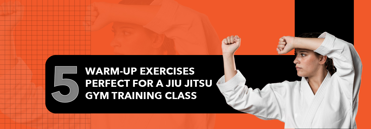 A person in a white gi demonstrates warm-up exercises, with an orange and black background highlighting tips for Jiu Jitsu training.